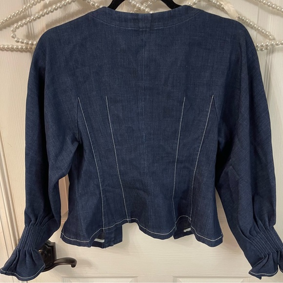 Navy Dark Jean Like Pearl Button-Up Blouse - Picture 8 of 8